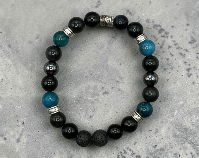 TRUST Beaded Scripture Bracelet, Mens Bracelet,  Faith Jewelry 10mm Lava Stone, Blue Moss, Hematite, Obsidian (Proverbs 3:5)