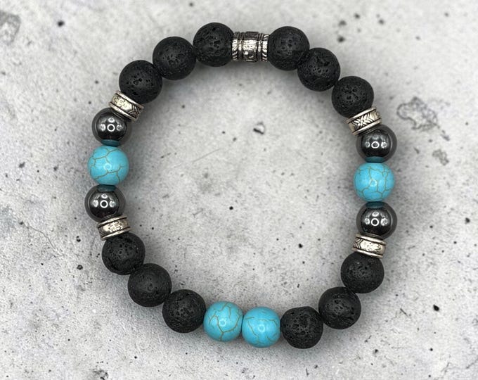 WISDOM Beaded Scripture Bracelet, Faith Bracelet,  Mens Jewelry, 10mm Lava Stone, Turquoise, Hematite (James 1:5)