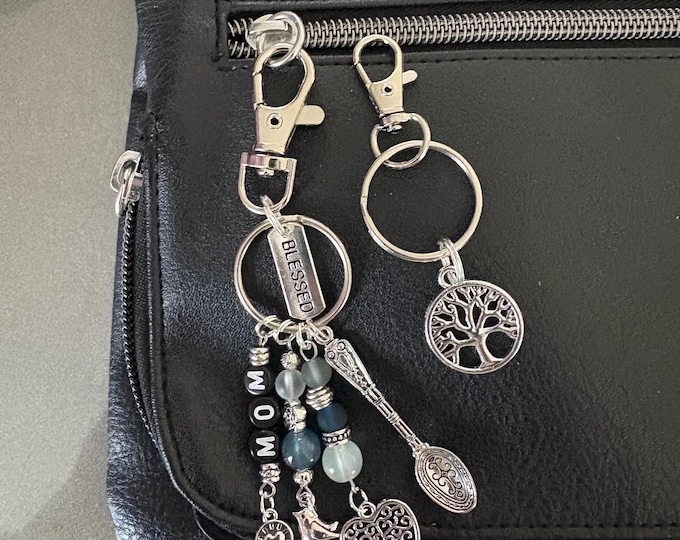 Personalized Beaded Bag Charm, Stainless Steel Keyring