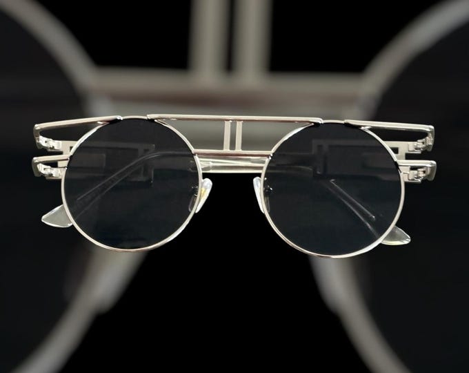 Black/Silver Avant-Garde Round Sunglasses, Trendy, Retro, Punk, Steampunk, Fashion, Urban, Hipster, Vintage,  Style, Unisex, Classic.