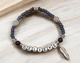 BELIEVE Bracelet, Word Bracelet, Affirmation Bracelet, Gem Bracelet, Positive Saying Bracelet, Love Gift, Gift for Her, Loved One Gift