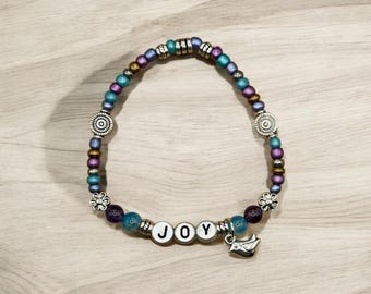 JOY Bracelet, Word Bracelet, Affirmation Bracelet, Gem Bracelet, Positive Saying Bracelet, Love Gift, Gift for Her, Religious Gift