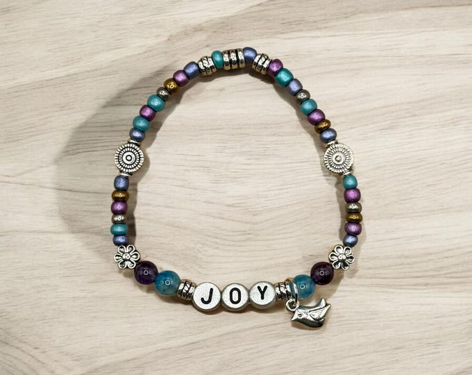 JOY Bracelet, Word Bracelet, Affirmation Bracelet, Gem Bracelet, Positive Saying Bracelet, Love Gift, Gift for Her, Religious Gift