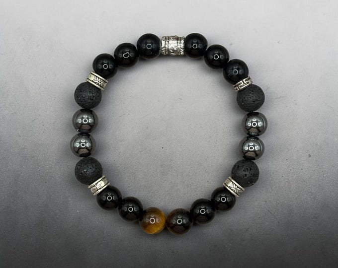 COURAGE Bracelet, 10mm Lava Stone, Tiger Eye, Hematite, Obsidian (Joshua 1:9)