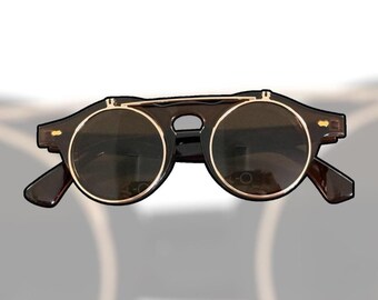 Brown Round Flip Up Google/Sunglasses, Retro, Punk, Steampunk, Urban, Hipster, Vintage Style, Unisex, Classic