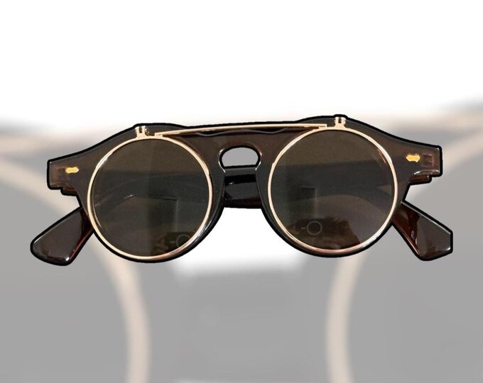 Brown Round Flip Up Google/Sunglasses, Retro, Punk, Steampunk, Urban, Hipster, Vintage Style, Unisex, Classic