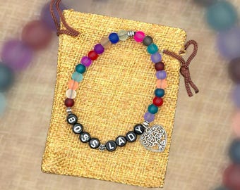 BOSS LADY Bracelet, Word Bracelet, Beaded Gift Bracelet, Word Jewelry, Positive Saying Bracelet, Gift for Coworker, Boss Gift, Coworker Gift