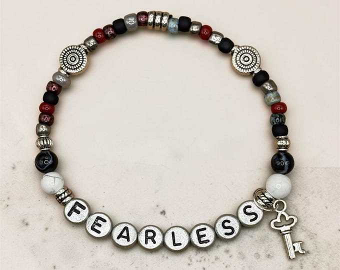 FEARLESS Scripture Beaded Bracelet, 2 Timothy 1:7 Faith Jewelry, Stainless Steel Charms