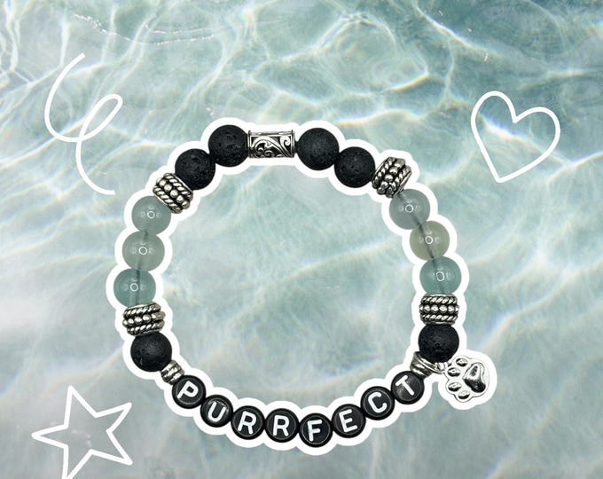 Purrfect Cat Bracelet, Lava Beads, Pet Lover Gift, For Cat Lady