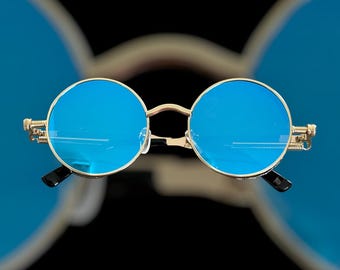 Steampunk Round, Blue Reflective, Sunglasses, Unisex, Trendy, Retro, Urban, Hippie, Steampunk, Cool, Vintage  Style,  Unisex, Steampunk Hip