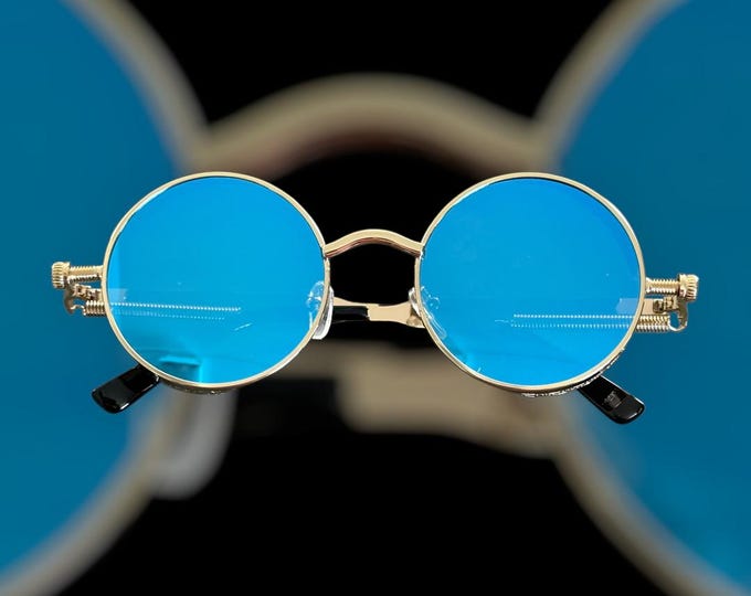 Steampunk Round, Blue Reflective, Sunglasses, Unisex, Trendy, Retro, Urban, Hippie, Steampunk, Cool, Vintage  Style,  Unisex, Steampunk Hip
