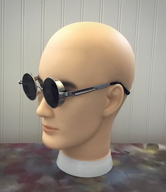 UNISEX HIPSTER CIRCULAR SILVER FRAME SUNGLASSES Small Round Sunglasses Perfect Circle Silver Frame Blue Lens  main image 2