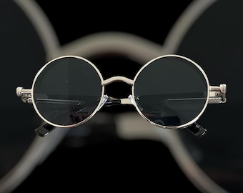 Steampunk Black Lenses, Silver Frames, Round Sunglasses, Trendy, Retro, Urban, Hipster, Steampunk, Gothic, Vintage Style,  Unisex.