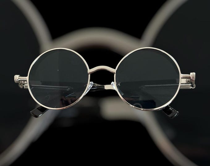Steampunk Black Lenses, Silver Frames, Round Sunglasses, Trendy, Retro, Urban, Hipster, Steampunk, Gothic, Vintage Style,  Unisex.