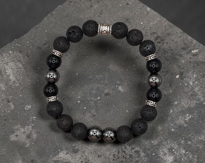 Men's POWERFUL Scripture Bead Bracelet, 10mm Lava, Obsidian, Hematite Gemstones (2 Timothy 1:7)