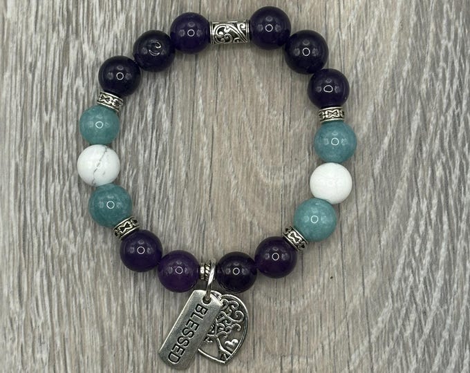 BLESSED Bracelet, Word Bracelet, Affirmation Bracelet, Heart Bracelet, Gemstone Bracelet, Positive Saying Bracelet, Love Gift, Gift for Her