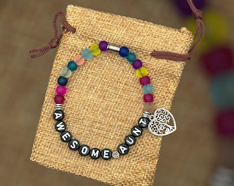 Aunt Beaded Bracelet, Matte Glass Beads, Heart Charm