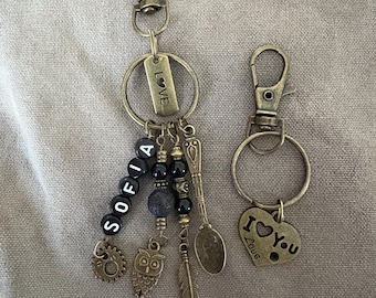 Personalized Brass Charm Keyring, Custom Initial Bag Accessory
