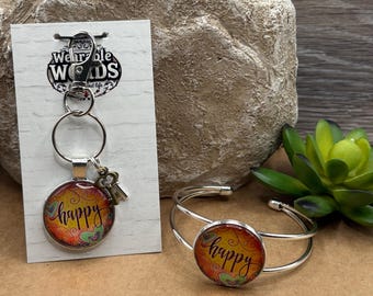 Happy Affirmation Key Ring Bracelet Set, Bag Charm