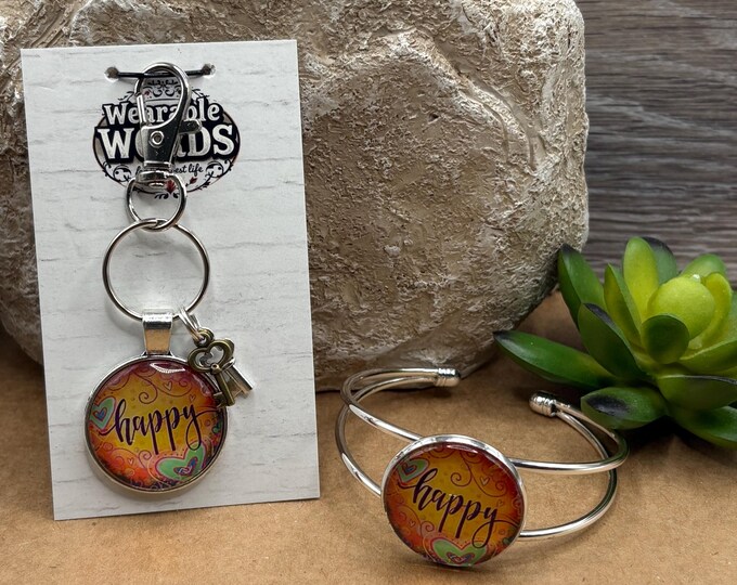 Happy Affirmation Key Ring Bracelet Set, Bag Charm