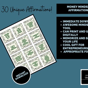 30 afirmaciones únicas sobre la mentalidad monetaria para emprendedores que piensan en la abundancia Descarga instantánea imprimible