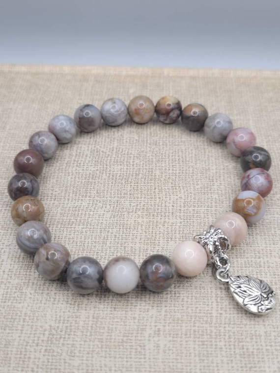 Gold Mountain Butterfly Agate 8mm Stretch Bracelet with Silvertone Lotus Charm; agate stretch bracelet; lotus charm bracelet