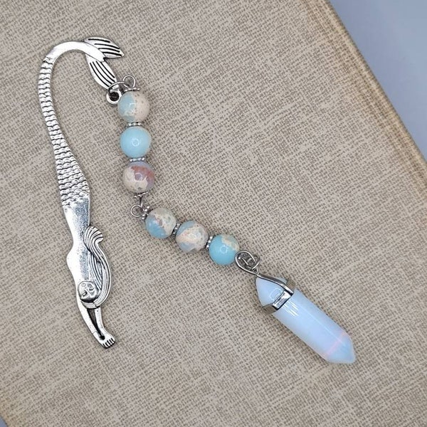 Aqua Impression Jasper et Opalite Mermaid Bookmark; signet de pierre précieuse; Signet en argent tibétain; Signet perché; signet métallique