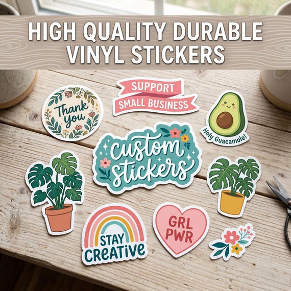 Custom Waterproof Vinyl Stickers, Die-Cut Shapes (Laminated or Standard)