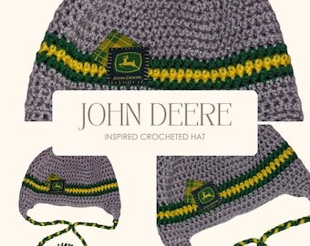 Handmade Crochet Baby Hat | John Deere Inspired Earflap Beanie (Green, Yellow, Gray)