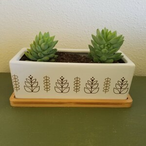 May include: White ceramic planter with a geometric design in brown. The planter has a wooden base and is filled with soil and two small green succulents.