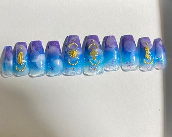 Blue Purple Ombré Bubble Sparkle Twinkle Gold Accent Airbrush Press On Fake Nails