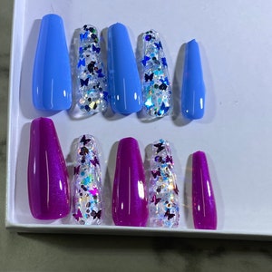 Blue, and Purple Butterfly Press On Fake Nails