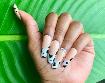 French Tip Cow Print Press On Fake Nails
