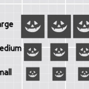 May include: Three rows of black and white jack-o'-lantern faces, with the top row labeled "Large", the middle row labeled "Medium", and the bottom row labeled "Small".