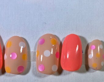 Pink Orange and White Polka Dot Press On Fake Nails