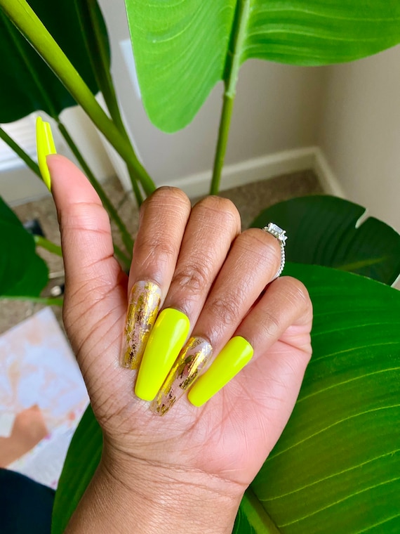 Neon Yellow and Gold Foil Press on Fake Nails