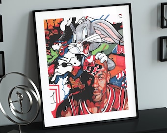 Basketball Art Print, Poster, NBA Gift, Chicago, Wall Art, Gift, Man Cave, Cartoon, Jersey, Player, Portrait, Modern, Contemporary