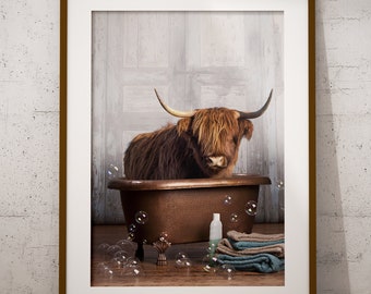 Buffalo Print, Highland Cow Print, Bull Print, Cattle Print, Highland Cow Wall Art, Bathroom Decor Wall, Buffalo Painting, Bath Tub Print