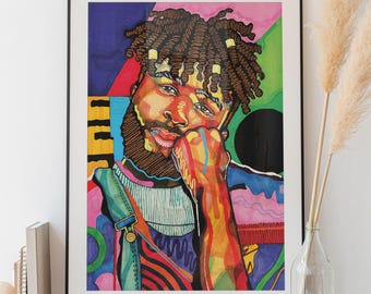 Black Man Art, Man Cave, Black By Joy, Locs, Dreadlocks, Locks, Portrait, Barbershop, Salon, Black Hair Poster, African Man Print, Black Art