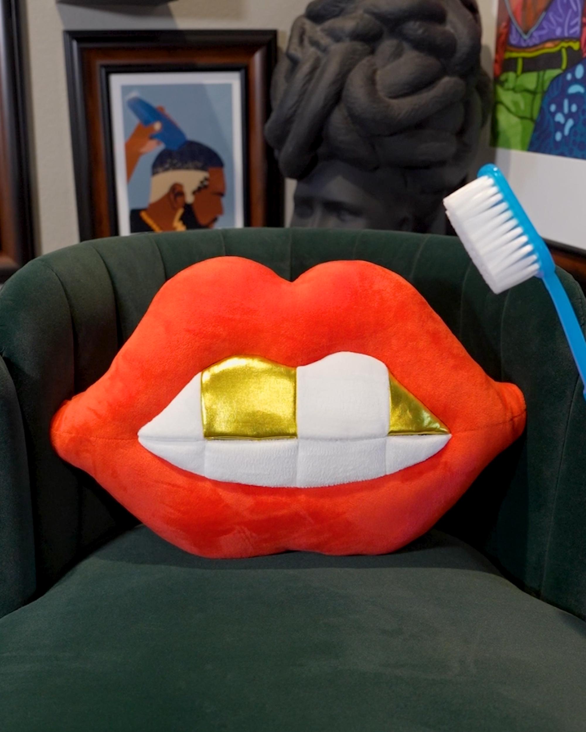 Red Lips Gold Grillz Plush, Trendy Pop Art Plushie, Black Culture