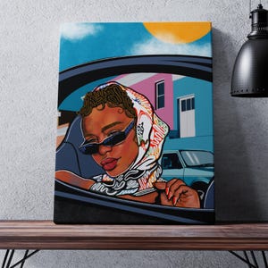 Vintage LA | Black woman Illustration art, Portrait Print, Flower crown art Black Girl Wall Art, Summer, Car Cityscape, African American art