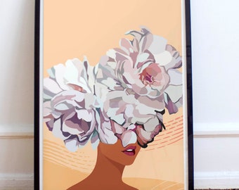VROUW + HOOFD BLOEMEN | Kunstdruk | Vrouw Met Bloemen | Bloem vrouw lijntekeningen | Vrouw met bloemen Wall Art Plant Head Woman Art Print