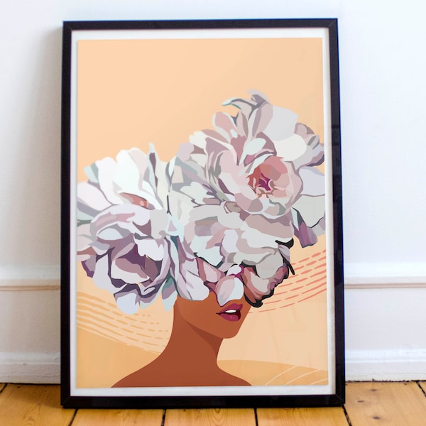 WOMAN + HEAD of FLOWERS | Art Print | Woman With Flowers | Flower Woman Line Art | Woman With Flowers Wall Art Plant Head Woman Art Print