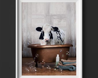 Cow in Bathtub Print, Funny Bathroom Wall Art
