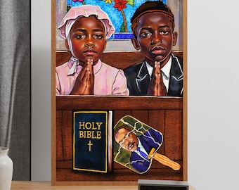 Schwarze Kinder betender Poster-Druck, christlicher Sonntagsgottesdienst, spirituelle Kirche, inspirierende schwarze Kunst, Glaube Wanddekor, Bibel, Kinderzimmer