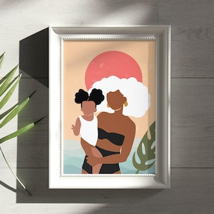 Mutter Tochter Porträt Druck, Moderne Wandkunst, schwarze Mädchen Wandkunst, Kunst Afrikanische Frau, schwarze Frauen, Minimalistischen Druck, schwarze Kunst, erdig