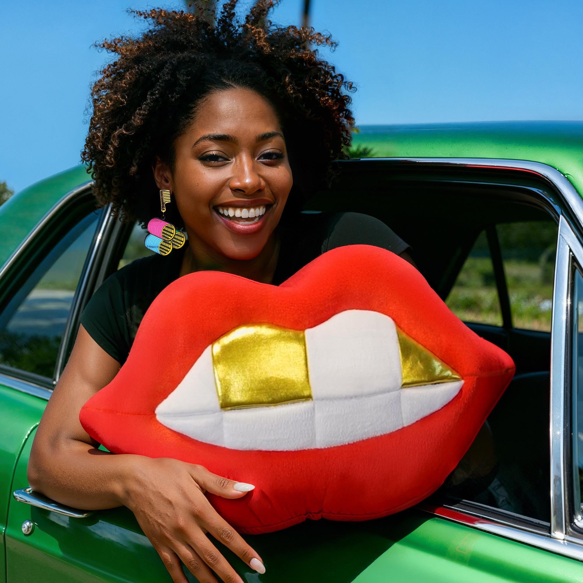 Red Lips Gold Grillz Plush, Trendy Pop Art Plushie, Black Culture