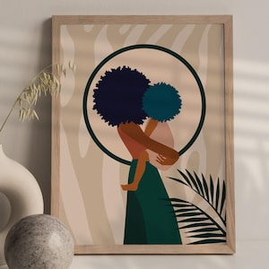 Stampa artistica per la festa della mamma, illustrazione colorata di famiglia, arte delle sorelle, stampa madre-figlia, arte afroamericana, mamma nera, arte nera, afro