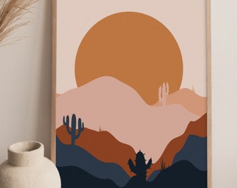 Landscape Print, Sunset, Summer, Desert Print, Cactus Abstract Print, Modern Shapes, Abstract Art, Modern Prints, Digital, Succulent Art