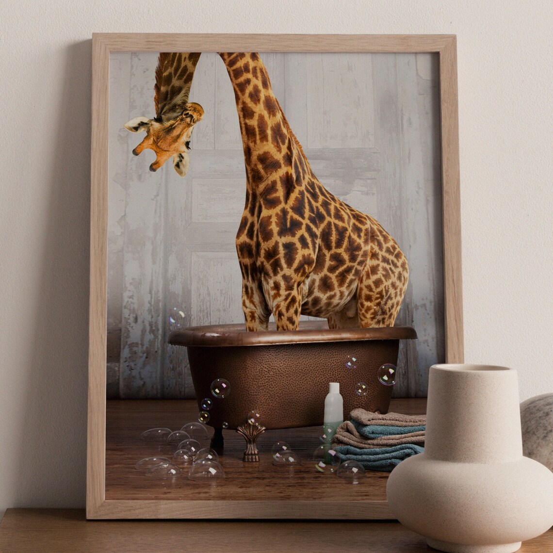 Giraffe in a Bathtub Taking a Bath Bathroom Art Bathing Etsy UK